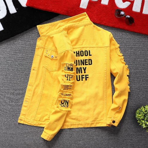 Men's Denim Jackets  Rivets Ripped Denim - Bomber Yellow