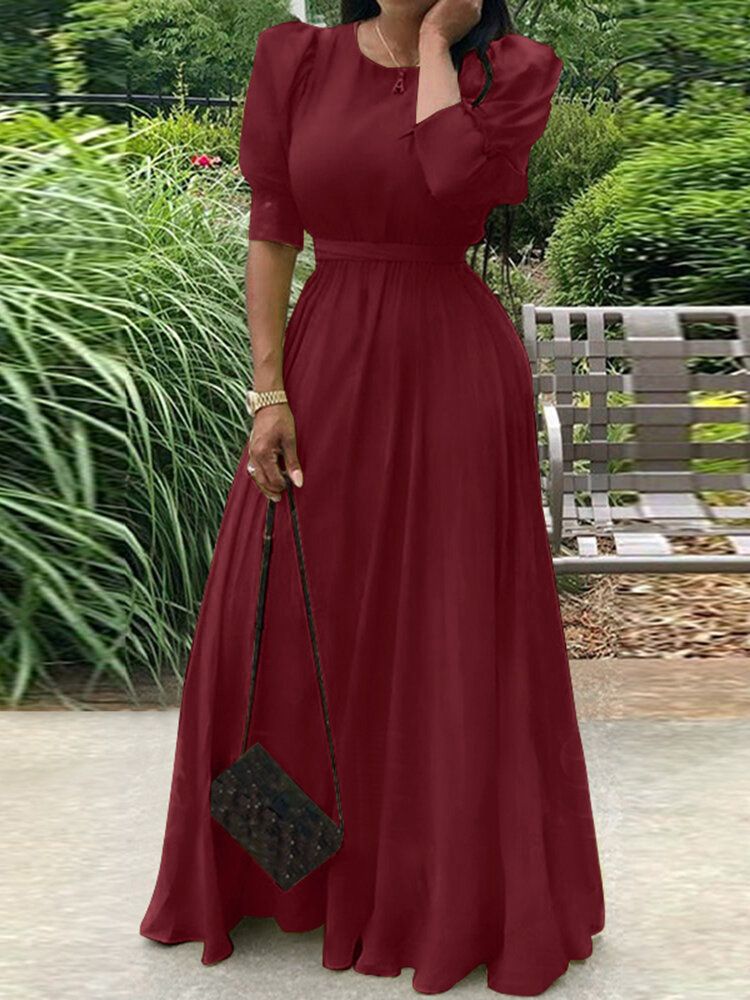 Women Solid Puff Sleeve Button Cuffs Ankle Length Retro Midi Dresses-Yellow