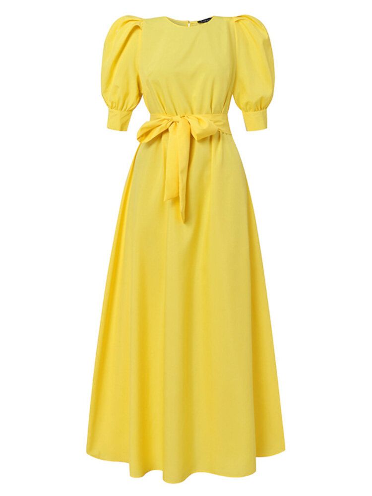 Women Solid Puff Sleeve Button Cuffs Ankle Length Retro Midi Dresses-Yellow