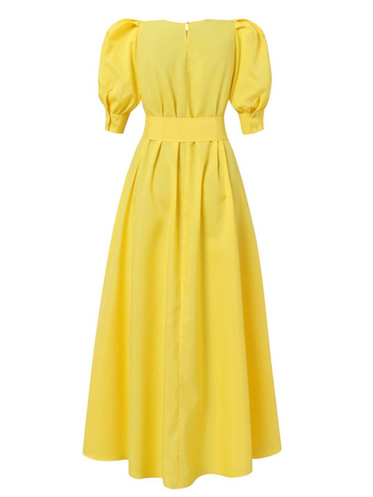 Women Solid Puff Sleeve Button Cuffs Ankle Length Retro Midi Dresses-Yellow