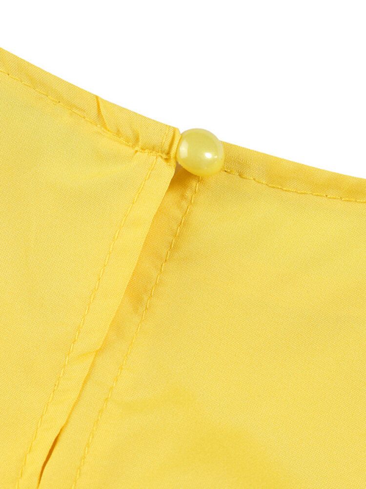 Women Solid Puff Sleeve Button Cuffs Ankle Length Retro Midi Dresses-Yellow