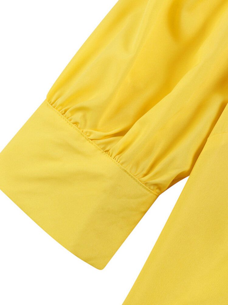 Women Solid Puff Sleeve Button Cuffs Ankle Length Retro Midi Dresses-Yellow