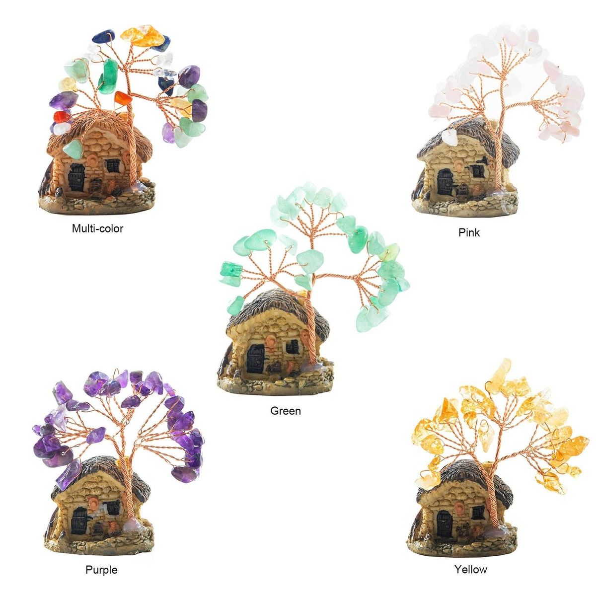 House Model Copper Wire Crystal Natural Gemstone Money Tree Life Decoration Healing Energy Good Luck