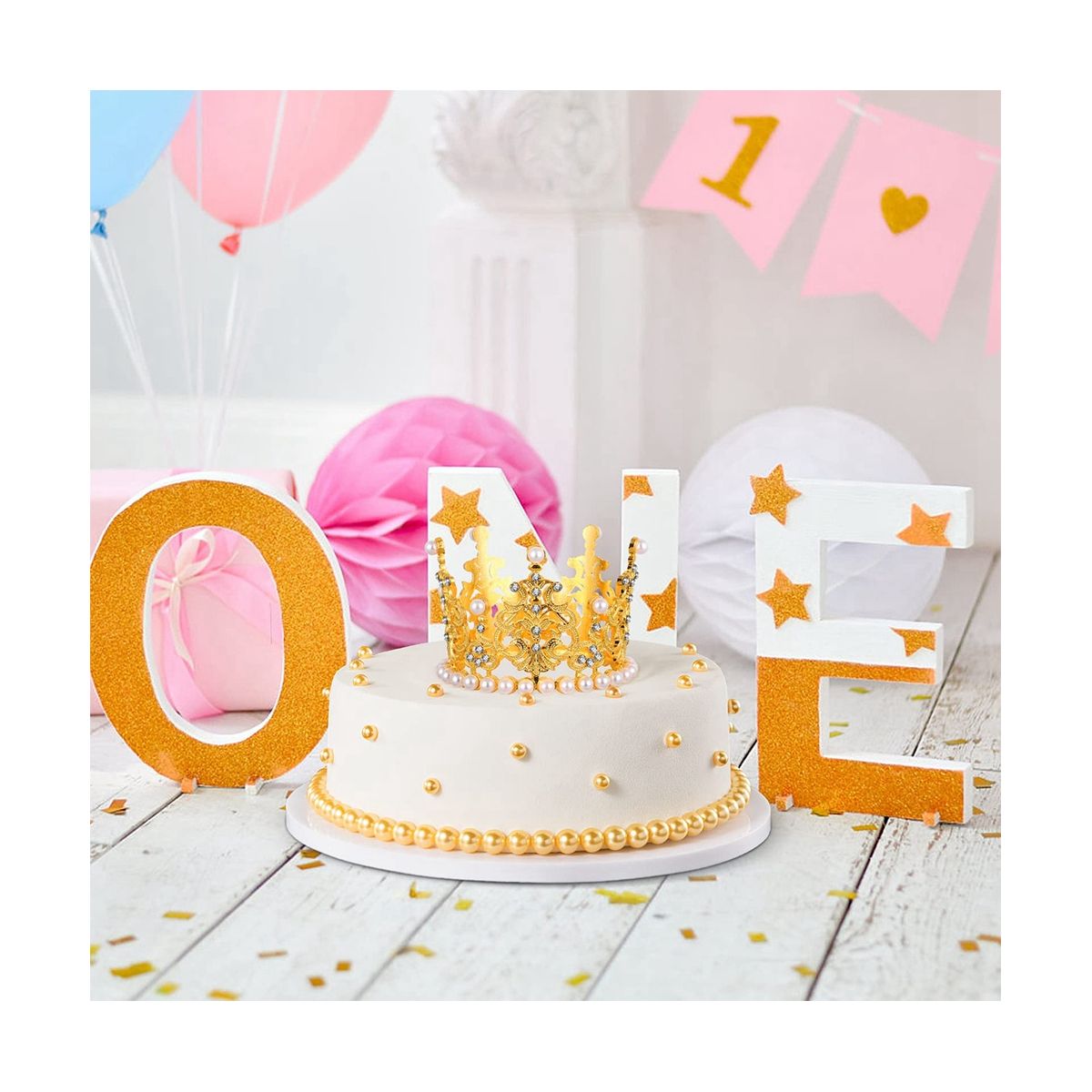 2Pcs Mini Crown Cake Topper Pearl Rhine Queen Princess