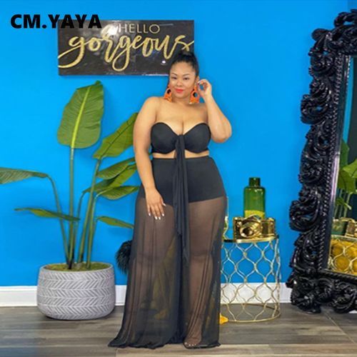 Women Plus Size Set Solid Mesh Sleeveless Sless Crop Tops Wide Leg Pants Two 2