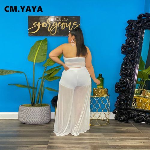 Women Plus Size Set Solid Mesh Sleeveless Sless Crop Tops Wide Leg Pants Two 2