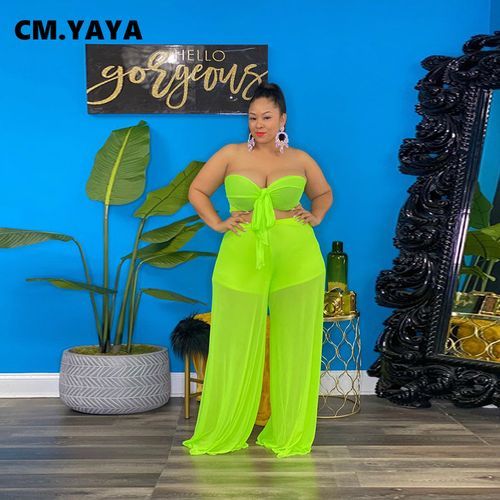 Women Plus Size Set Solid Mesh Sleeveless Sless Crop Tops Wide Leg Pants Two 2