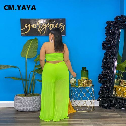 Women Plus Size Set Solid Mesh Sleeveless Sless Crop Tops Wide Leg Pants Two 2