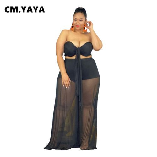 Women Plus Size Set Solid Mesh Sleeveless Sless Crop Tops Wide Leg Pants Two 2
