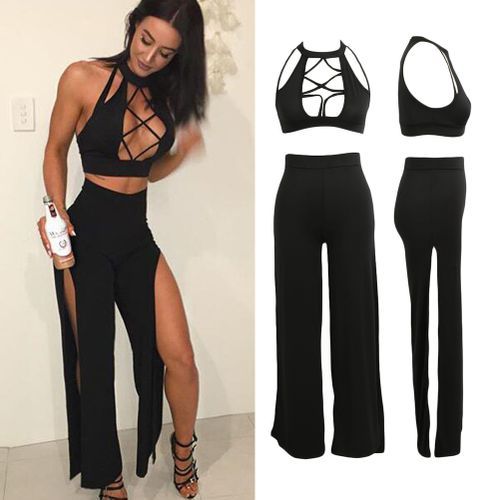 Two Piece Sets For Ladies Turtleneck Sleeveless Sexy Hollow Out Crop Top High Waist Split Pants Party Club Fashion Women's Set（#Black）