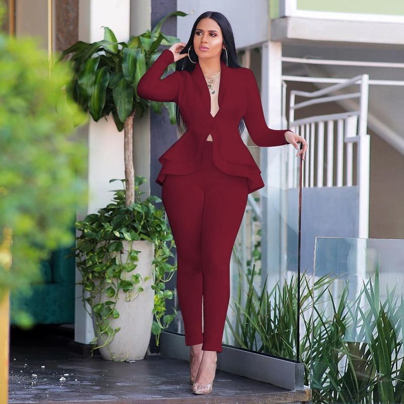 White Blazer 2 Piece Set Women Winter Work Wear Full Sleeve Ruffles Blazers Pencil Pants Suit Two Piece Set Office Lady Outfits（#White）