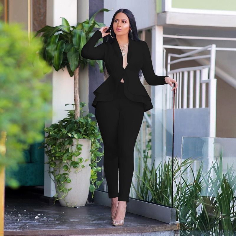 White Blazer 2 Piece Set Women Winter Work Wear Full Sleeve Ruffles Blazers Pencil Pants Suit Two Piece Set Office Lady Outfits（#White）