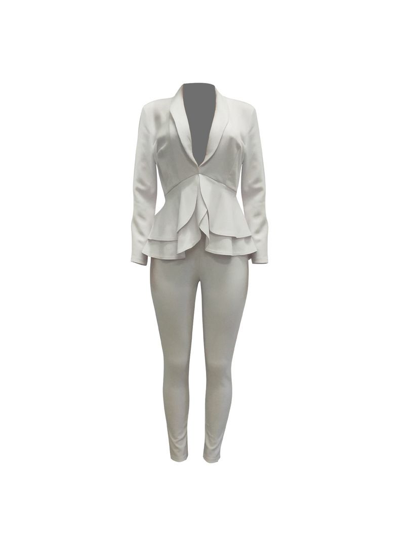White Blazer 2 Piece Set Women Winter Work Wear Full Sleeve Ruffles Blazers Pencil Pants Suit Two Piece Set Office Lady Outfits（#White）