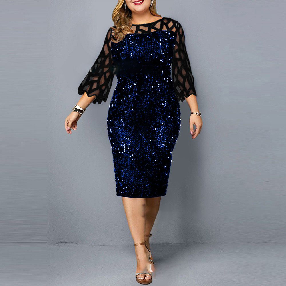 (Blue On Black)Elegant Luxury Sequin Dress For Women Sheer Sleeves Patchwork Rhombus Mesh Robe Summer Plus Size Wedding Party African Vestidos SAB