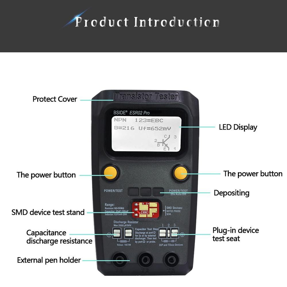 BSIDE ESR02 Pro Transistor Tester Multifunctional Digital Tester Diode Triode Resistor Capacitance Inductance MOSFET NPN PNP Triac MOS Detector