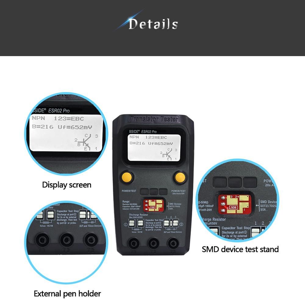 BSIDE ESR02 Pro Transistor Tester Multifunctional Digital Tester Diode Triode Resistor Capacitance Inductance MOSFET NPN PNP Triac MOS Detector