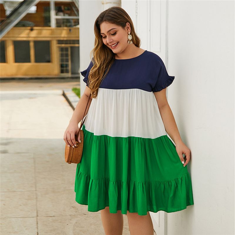 XL-4XL Women Round  Neck Stitching Short Sleeve Plus Size Dress Green 1493