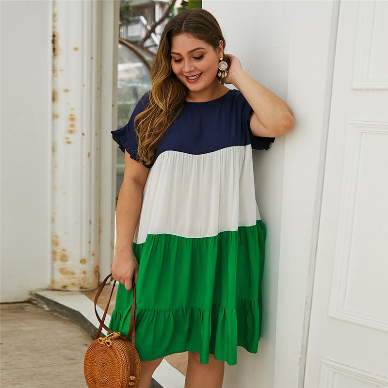 XL-4XL Women Round  Neck Stitching Short Sleeve Plus Size Dress Green 1493