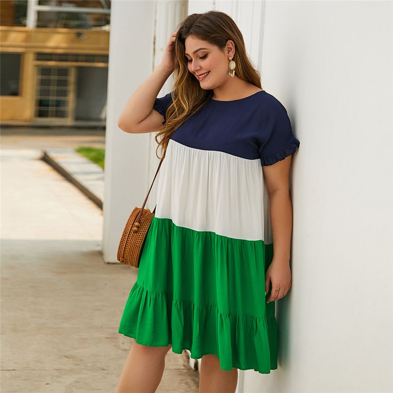 XL-4XL Women Round  Neck Stitching Short Sleeve Plus Size Dress Green 1493