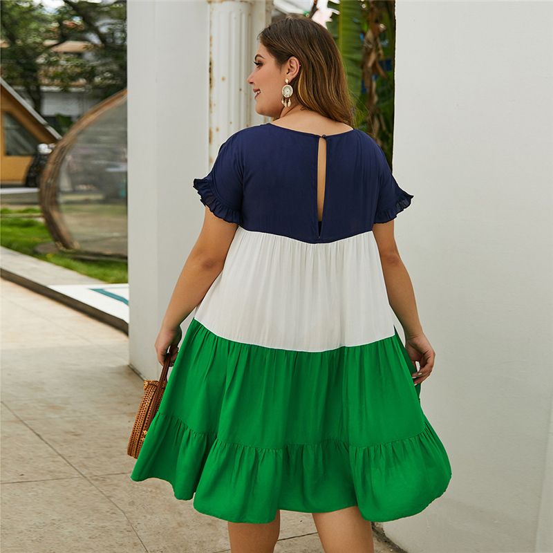 XL-4XL Women Round  Neck Stitching Short Sleeve Plus Size Dress Green 1493
