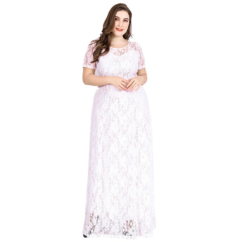 XL-6XL Hollow Out Lace Plus Size Short Sleeved Party Gown Long Dress White 869