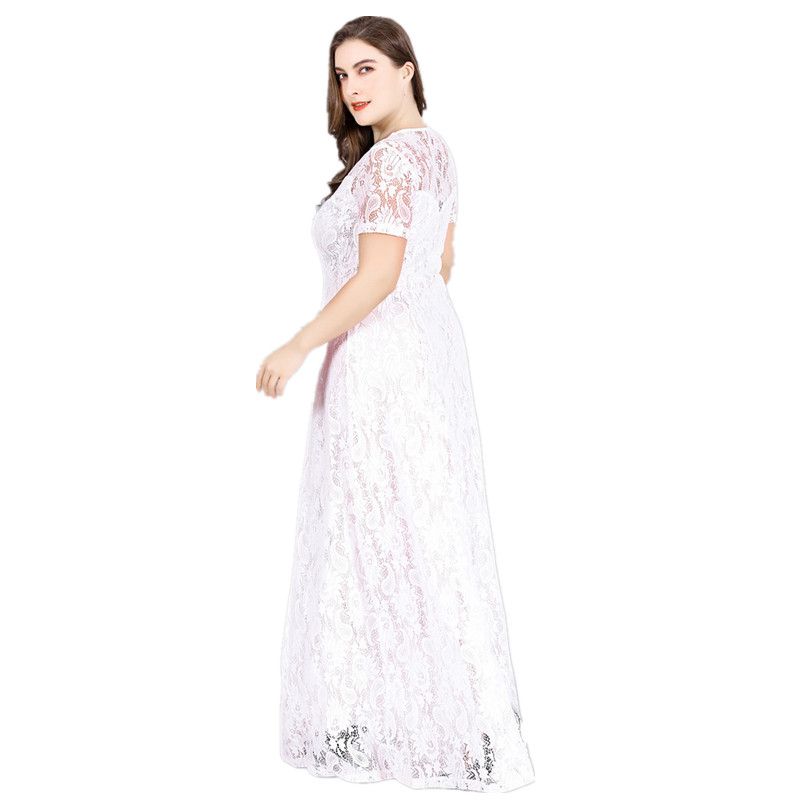 XL-6XL Hollow Out Lace Plus Size Short Sleeved Party Gown Long Dress White 869