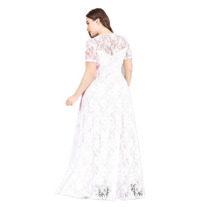 XL-6XL Hollow Out Lace Plus Size Short Sleeved Party Gown Long Dress White 869