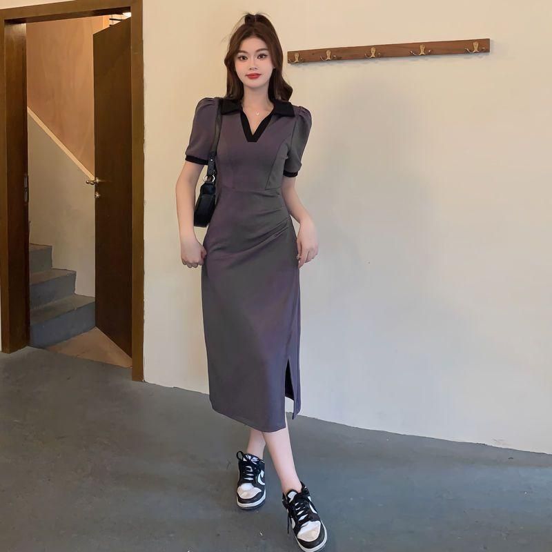 Large Size Pure Desire Style Pleated Dress Summer Plump Girls Slimming Waist Tight Tummy Hiding Polo Split V-neck Skirt Ins