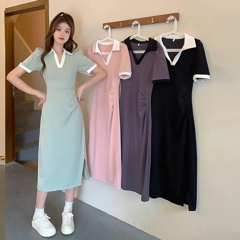 Large Size Pure Desire Style Pleated Dress Summer Plump Girls Slimming Waist Tight Tummy Hiding Polo Split V-neck Skirt Ins