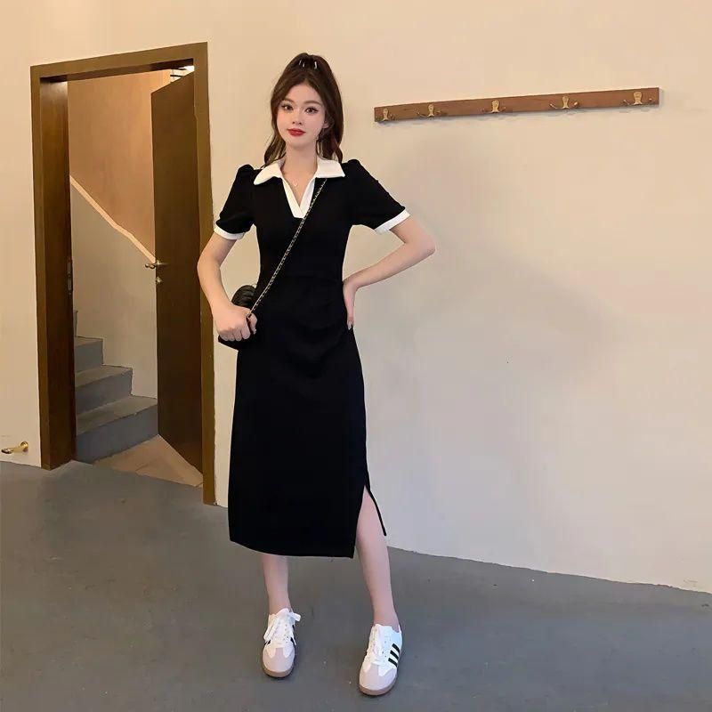 Large Size Pure Desire Style Pleated Dress Summer Plump Girls Slimming Waist Tight Tummy Hiding Polo Split V-neck Skirt Ins