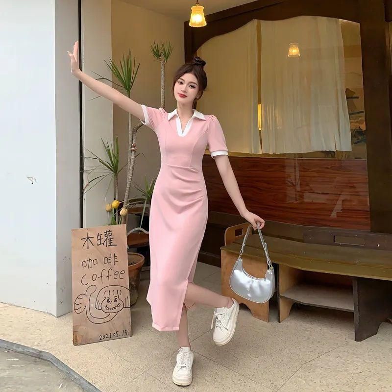 Large Size Pure Desire Style Pleated Dress Summer Plump Girls Slimming Waist Tight Tummy Hiding Polo Split V-neck Skirt Ins