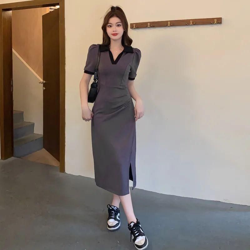 Large Size Pure Desire Style Pleated Dress Summer Plump Girls Slimming Waist Tight Tummy Hiding Polo Split V-neck Skirt Ins