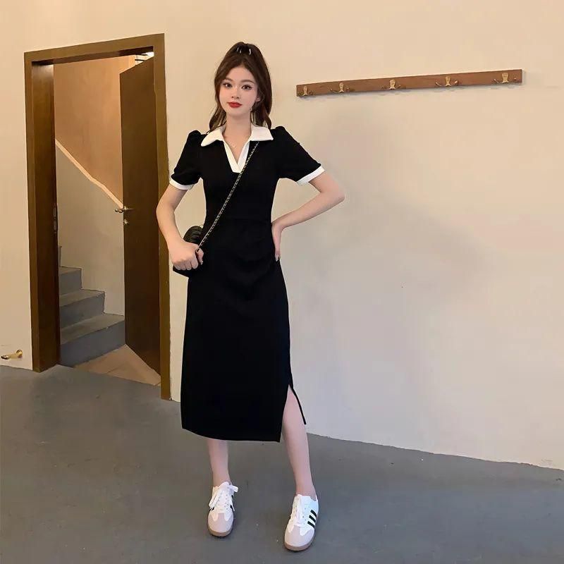 Large Size Pure Desire Style Pleated Dress Summer Plump Girls Slimming Waist Tight Tummy Hiding Polo Split V-neck Skirt Ins