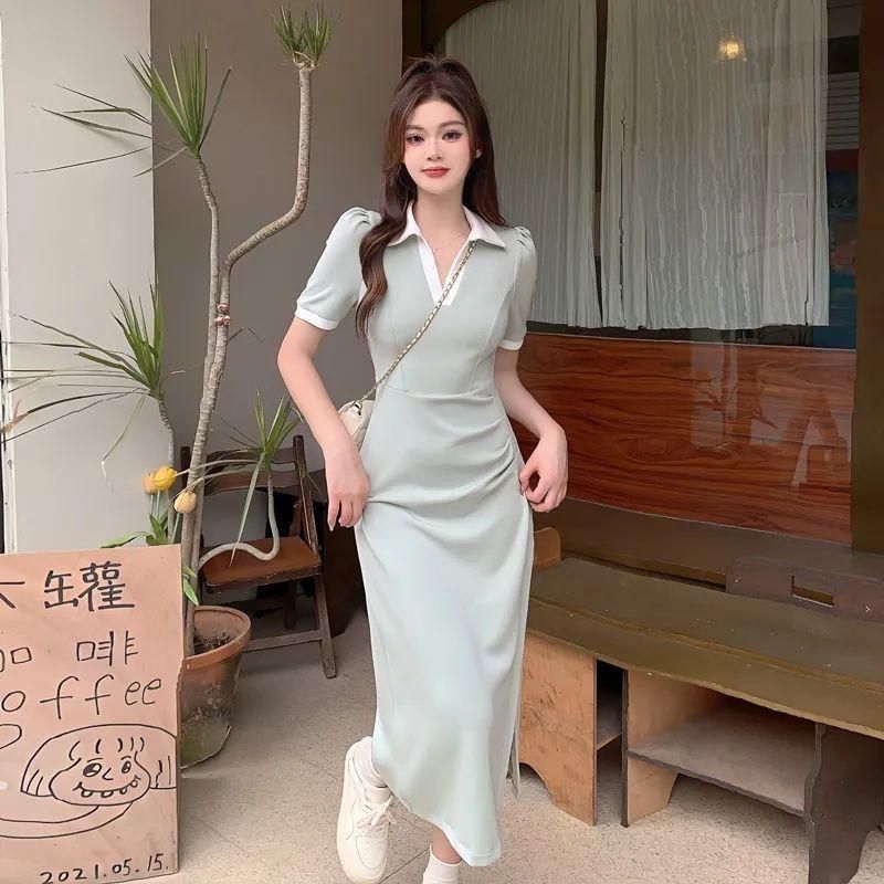Large Size Pure Desire Style Pleated Dress Summer Plump Girls Slimming Waist Tight Tummy Hiding Polo Split V-neck Skirt Ins