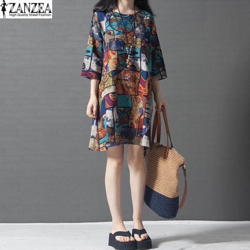 Women Round Neck Floral Printed Cotton Dress Elegant Ladies 3/4 Sleeve Casual Loose Shirt Dress Kaftan Vestido（Blue）
