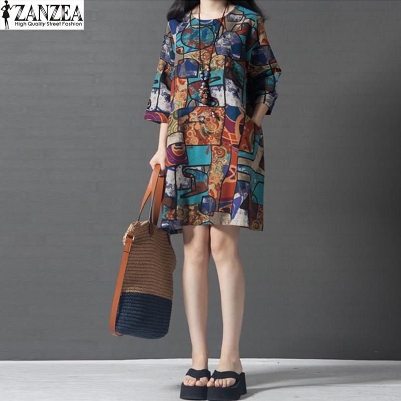 Women Round Neck Floral Printed Cotton Dress Elegant Ladies 3/4 Sleeve Casual Loose Shirt Dress Kaftan Vestido（Blue）