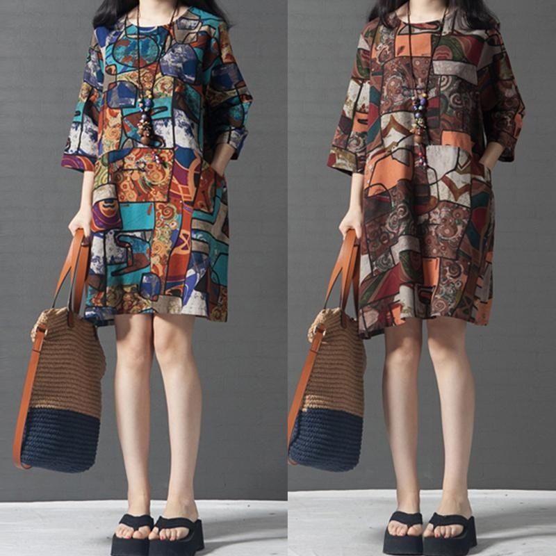 Women Round Neck Floral Printed Cotton Dress Elegant Ladies 3/4 Sleeve Casual Loose Shirt Dress Kaftan Vestido（Blue）