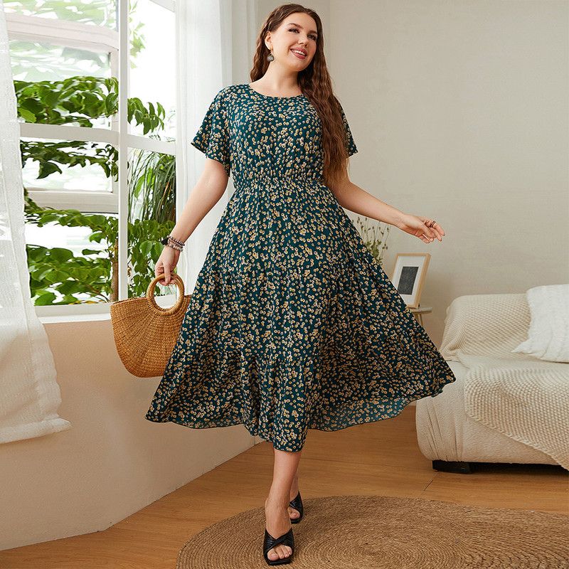 Sweet Round Neck Floral Loose Female Plus Size Dresses