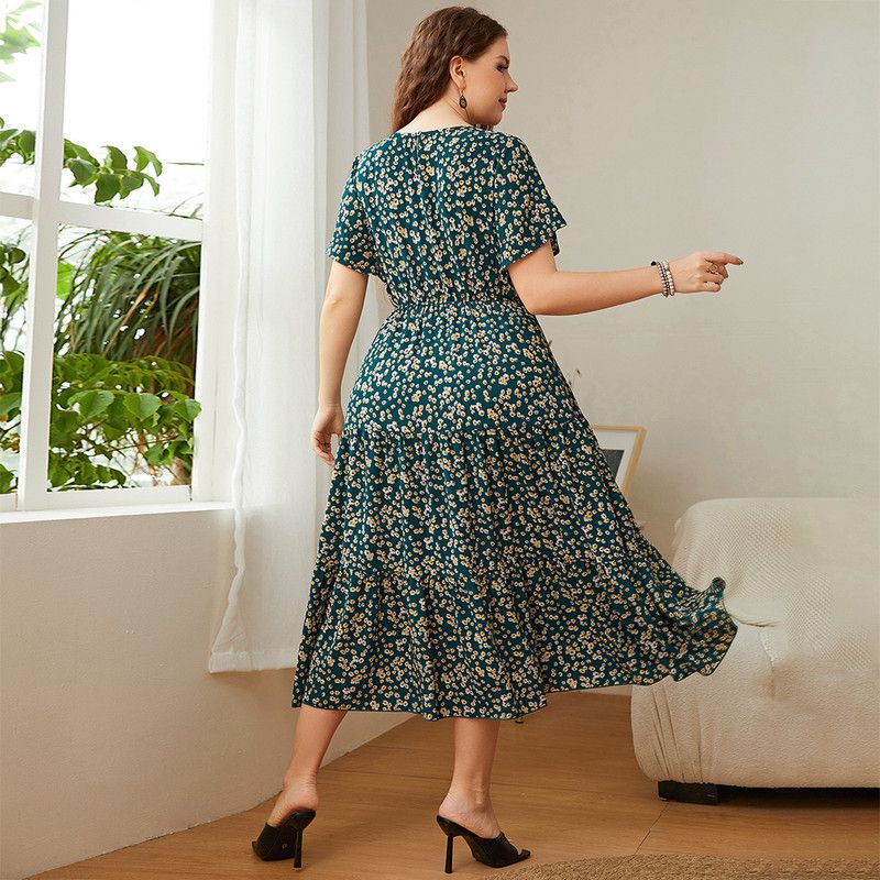 Sweet Round Neck Floral Loose Female Plus Size Dresses