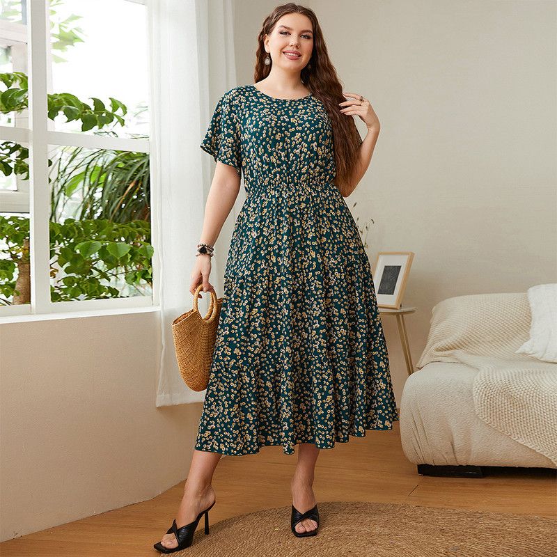 Sweet Round Neck Floral Loose Female Plus Size Dresses