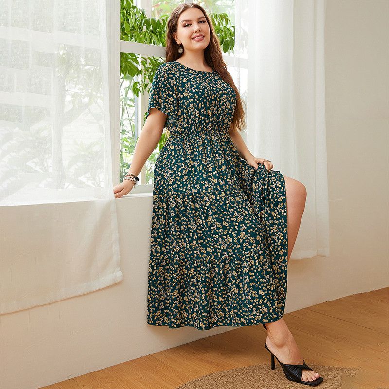 Sweet Round Neck Floral Loose Female Plus Size Dresses