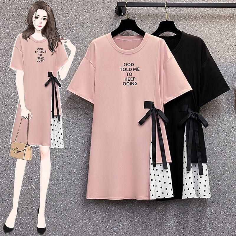 Short-Sleeved Dress Large Size 2023 Summer Women's New Loose Midi Skirt Stitching Polka Dot Flab Hiding Chubby Fashion Dress