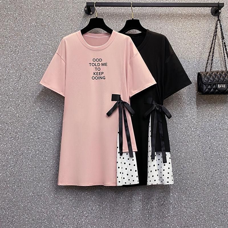 Short-Sleeved Dress Large Size 2023 Summer Women's New Loose Midi Skirt Stitching Polka Dot Flab Hiding Chubby Fashion Dress