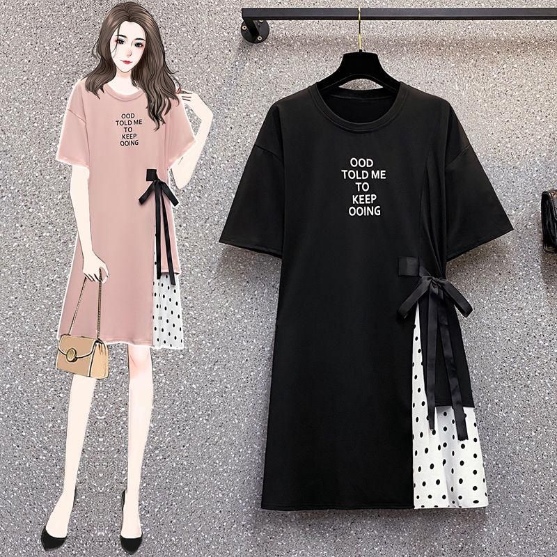Short-Sleeved Dress Large Size 2023 Summer Women's New Loose Midi Skirt Stitching Polka Dot Flab Hiding Chubby Fashion Dress