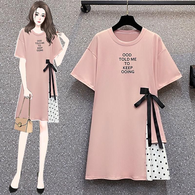 Short-Sleeved Dress Large Size 2023 Summer Women's New Loose Midi Skirt Stitching Polka Dot Flab Hiding Chubby Fashion Dress