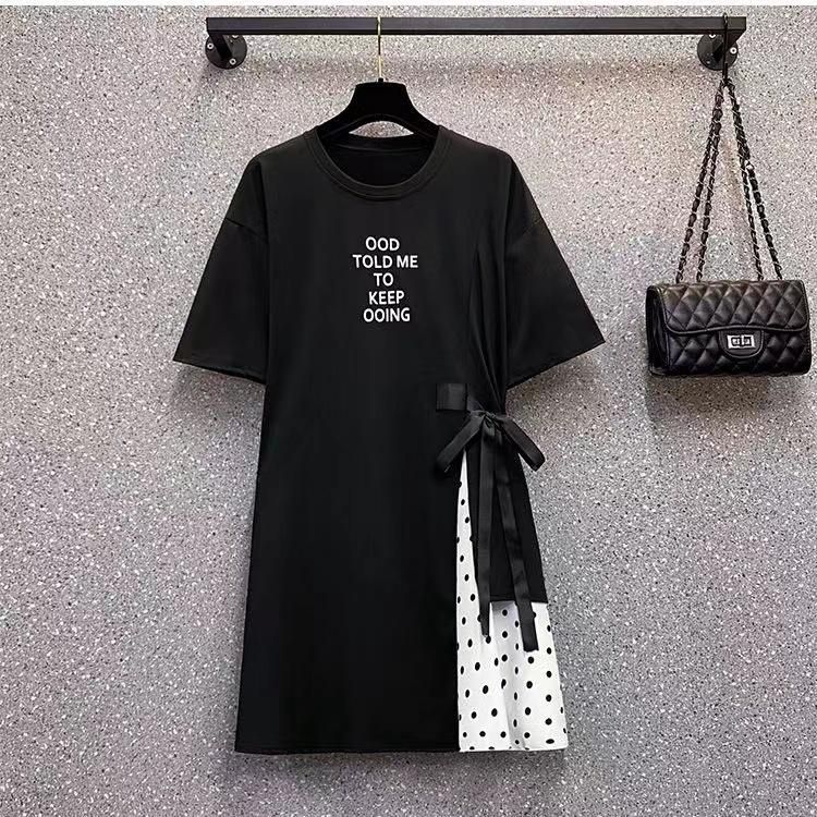 Short-Sleeved Dress Large Size 2023 Summer Women's New Loose Midi Skirt Stitching Polka Dot Flab Hiding Chubby Fashion Dress