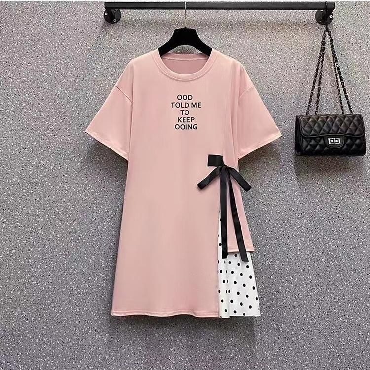 Short-Sleeved Dress Large Size 2023 Summer Women's New Loose Midi Skirt Stitching Polka Dot Flab Hiding Chubby Fashion Dress