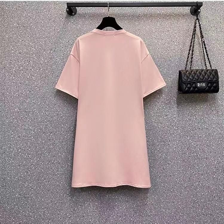 Short-Sleeved Dress Large Size 2023 Summer Women's New Loose Midi Skirt Stitching Polka Dot Flab Hiding Chubby Fashion Dress
