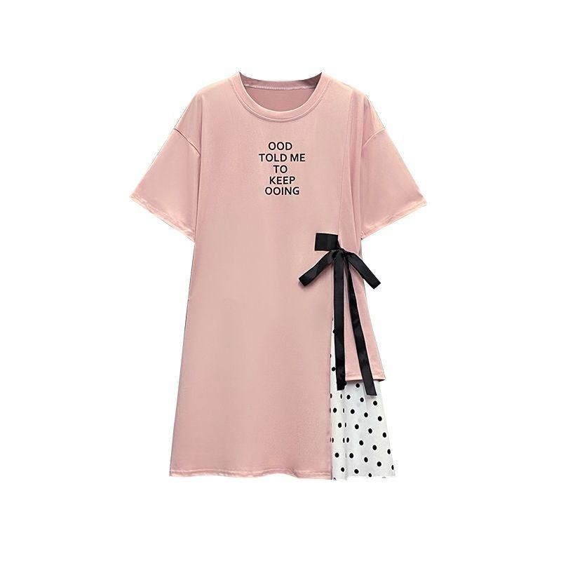 Short-Sleeved Dress Large Size 2023 Summer Women's New Loose Midi Skirt Stitching Polka Dot Flab Hiding Chubby Fashion Dress