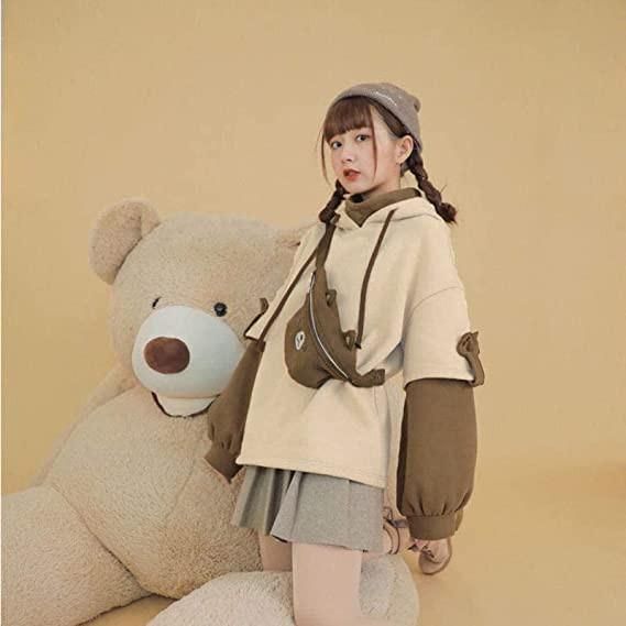 Woman's Brown Bear Hoodie Long SSeeve Sweatshirt Personality Bag